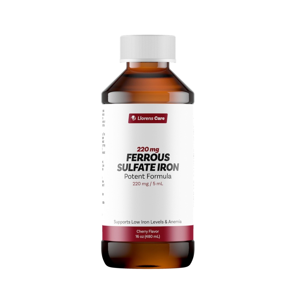 Ferrosulfat flydende jerntilskud til voksne ved Llorens Care - 220 mg i 5 ml jernkompleks supplement til anæmi og jernmangel. Boost Energiniveauer