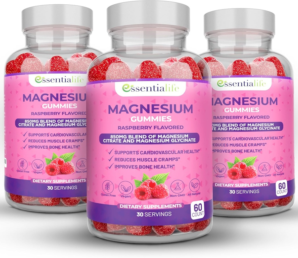Magnesium Gummies 3 Pakker Essentialife 100mg Per Servering - Blanding af Magnesium Citrate & Magnesium Glycinat - Understøtter fordampning - Hold dig rolig & vågn op Energiseret med Magnesium Kosttilskud til søvn
