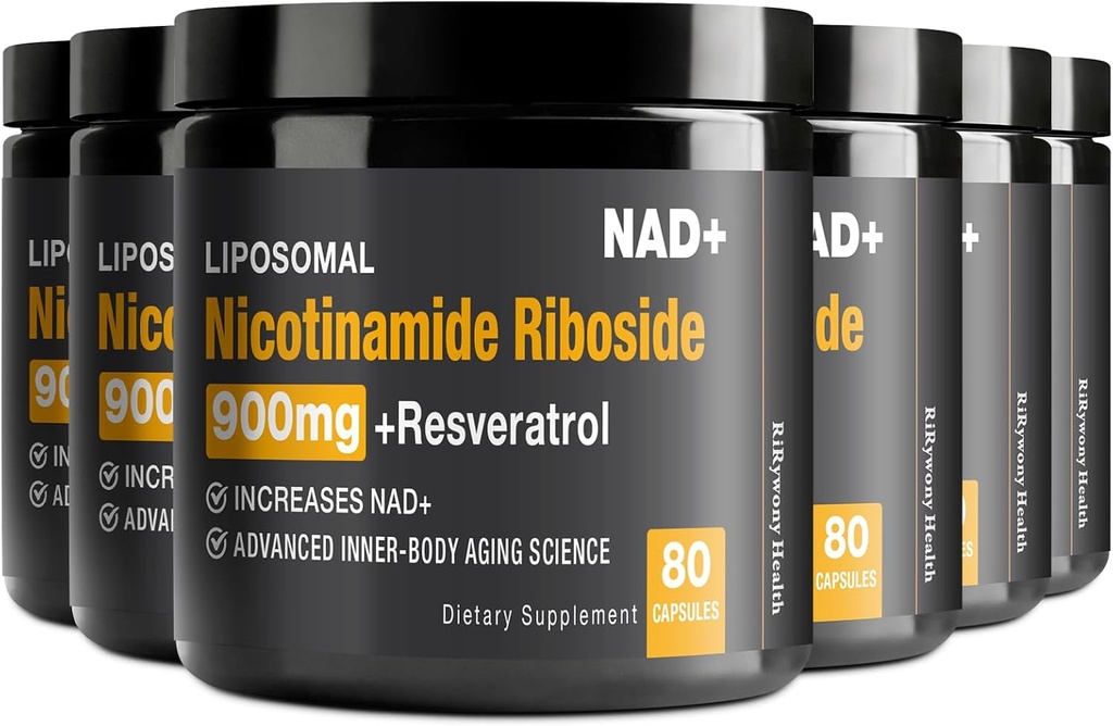 NAD Supplement - NAD + med Nicotinamid Riboside (NR) og Resveratrol Quercetin 900mg Pure Organic NAD Plus til cellulær reparation sund aldring hjerne funktion, 80 kapsler (pakke med 6)