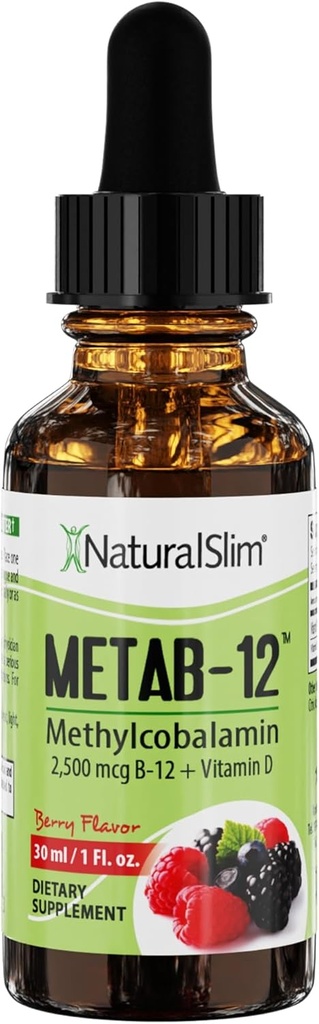 NaturalSlim Væske B12 Vitamin med D-vitamin - Metab- 12 Methylcobalamin 2500 mcg B12 Sublingual Drops for Metabolisme, Energi, & immunforsvar - Berry Flavor 1 fl oz