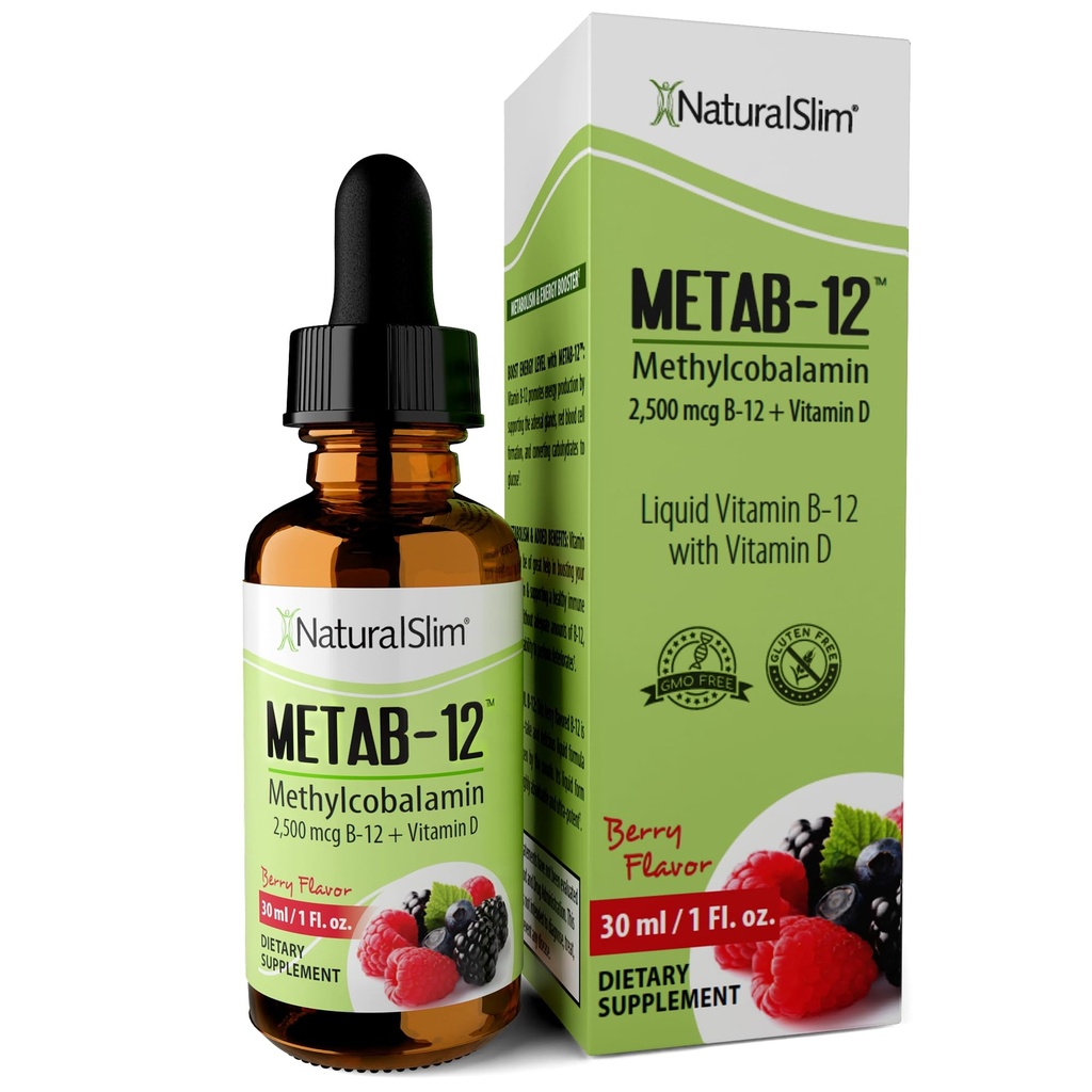 NaturalSlim Væske B12 Vitamin med D-vitamin - Metab- 12 Methylcobalamin 2500 mcg B12 Sublingual Drops for Metabolisme, Energi, & immunforsvar - Berry Flavor 1 fl oz