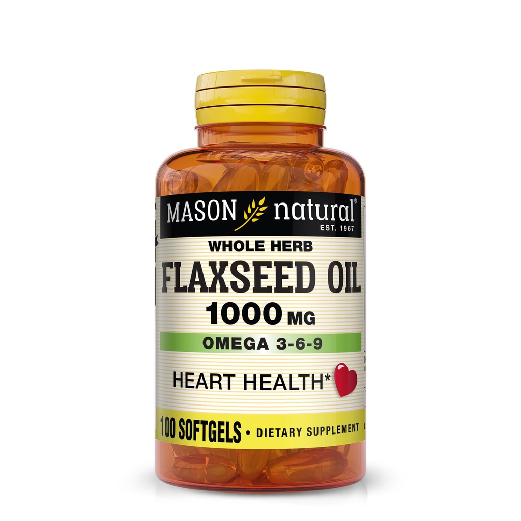 MASON NATURAL Flaxseed Oil 1000mg - Omega 3-6-9 Softgels for Heart Health - Cold- Pressed Whole Herb Supplement - Gluten- Free, Non- GMO, 100 Softgels