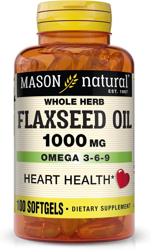 MASON NATURAL Flaxseed Oil 1000mg - Omega 3-6-9 Softgels for Heart Health - Cold- Pressed Whole Herb Supplement - Gluten- Free, Non- GMO, 100 Softgels
