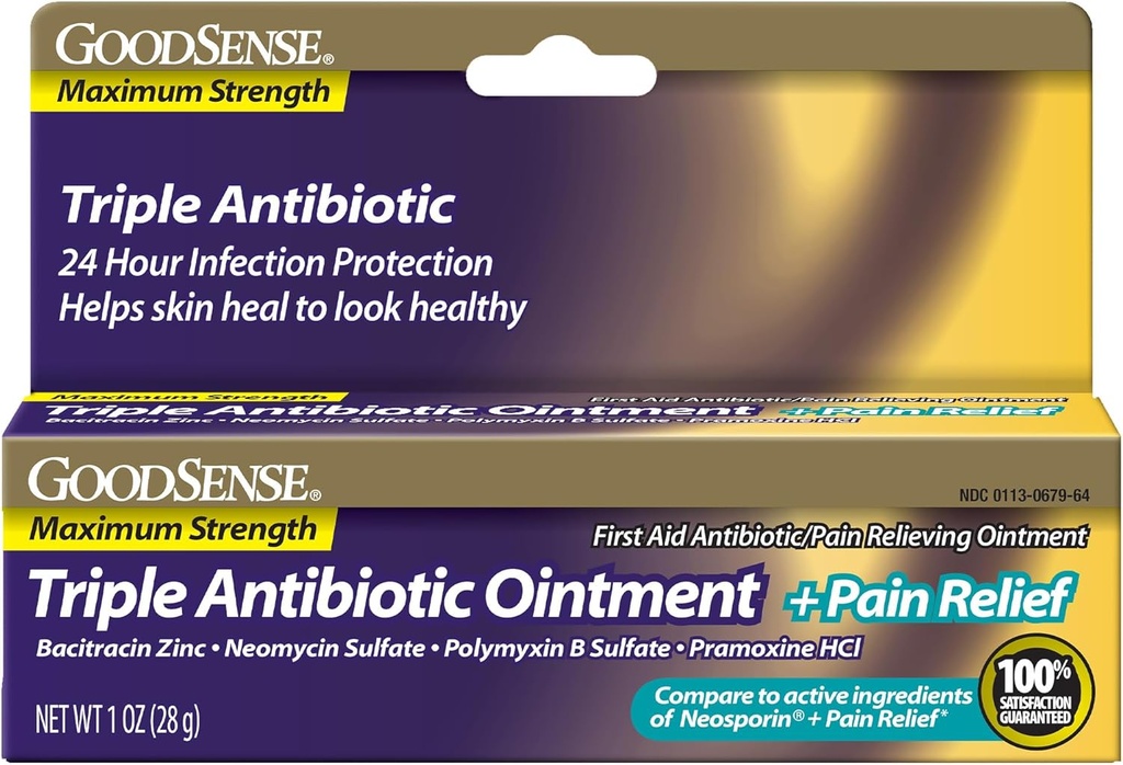 GoodSense Maksimum Styrke Triple Antibiotisk Salve plus Smerte Relief - Lindrer smertelige kapper, Scrapes og Burns, Forebyggende Infektion, Førstehjælp Antibiotisk, Ekstern Analytisk, 1 oz