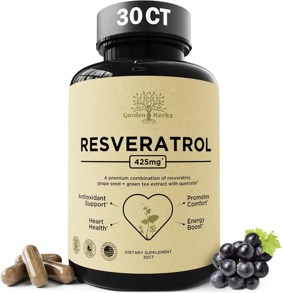 Quercetin & Resveratrol Supplement med Grape Seed - 425mg Herbal Antioxidant & Wellness Support - Polyphenoler & Nutrient Blend for generel sundhed, 30Ct