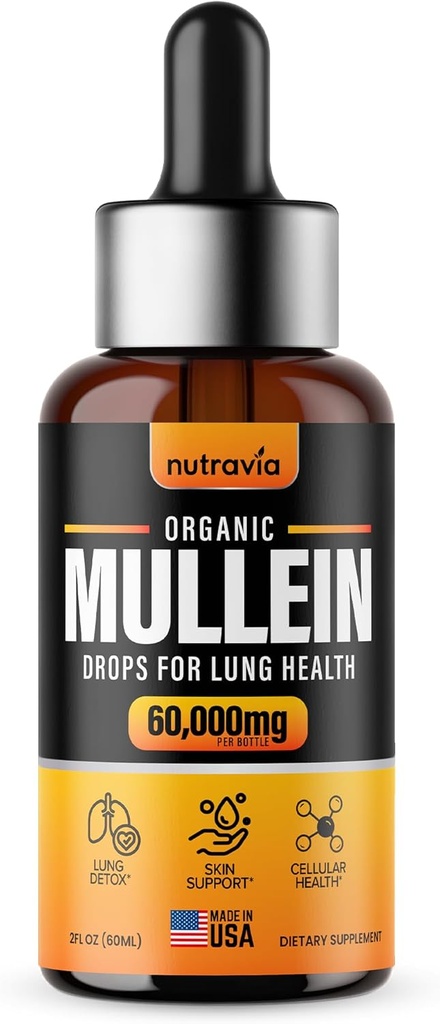 Mullein Drops For Lungs - Extra Strength Organic Mullein Leaf Extract Tinktur for Lung Health, Detox, Immun & Respiratory Support Bedre Lung Formel, Lavet i USA, Mullin Supplement Drops (2oz)