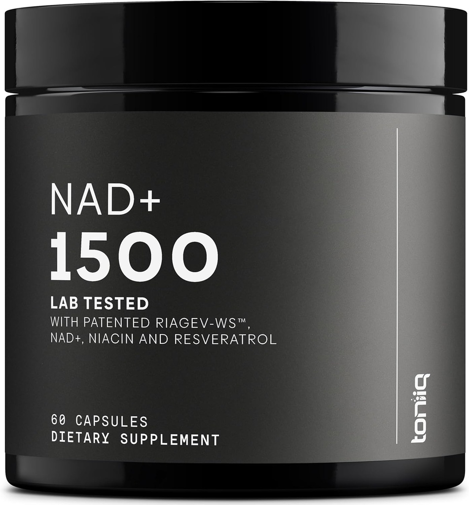 Toniiq NAD + Supplement 1500mg - Ultra High Strength NAD supplement med klinisk undersøgte ingredienser med Patenteret RiaGev- WS ™, Resveratrol, og Niacin - 60 kapsler