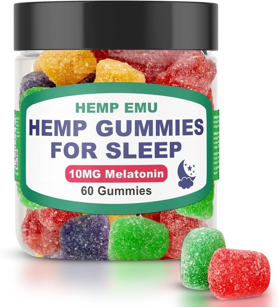 Hamp Emu Hamp Gummies for Sleep - Fall Asseep Hurtigere, Stay Asseep Længere - 10mg Melatonin + Premium Hemp Extract, 2 Gummies Per Serving - 60 Grey Fruit Flavored Gummies