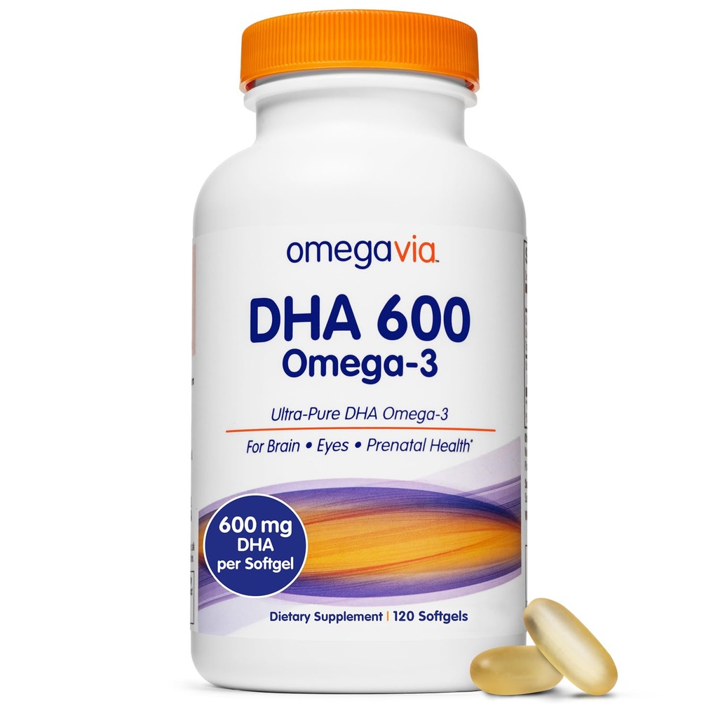 OmegaVia DHA 600 mg, Ultra Pure Omega-3 DHA Kosttilskud til hjerne og øjne, DHA Prenatale Vitaminer til kvinder, Burpless Fish Oil Omega 3, IFOS Testet, 120 Softgels