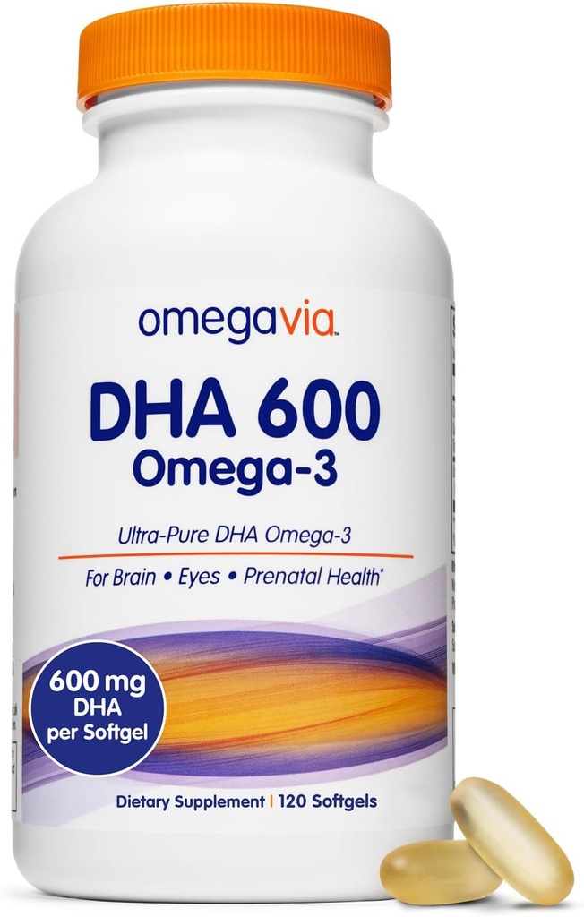 OmegaVia DHA 600 mg, Ultra Pure Omega-3 DHA Kosttilskud til hjerne og øjne, DHA Prenatale Vitaminer til kvinder, Burpless Fish Oil Omega 3, IFOS Testet, 120 Softgels