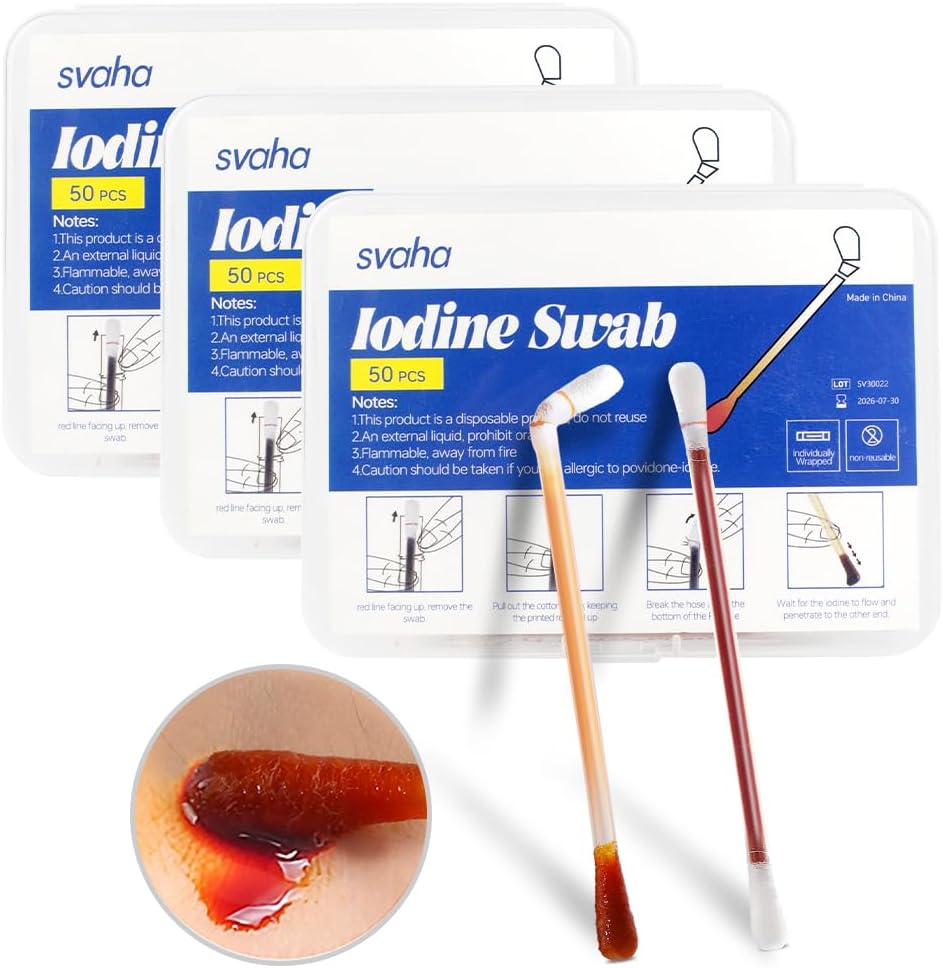 Povidon Jod Swabs - 150 sticks Sterile Jod Swabsticks, Individuelt indpakket Cotton Swabs, Løsning fyldt for Sår Cleansing, Førstehjælp, Rejser