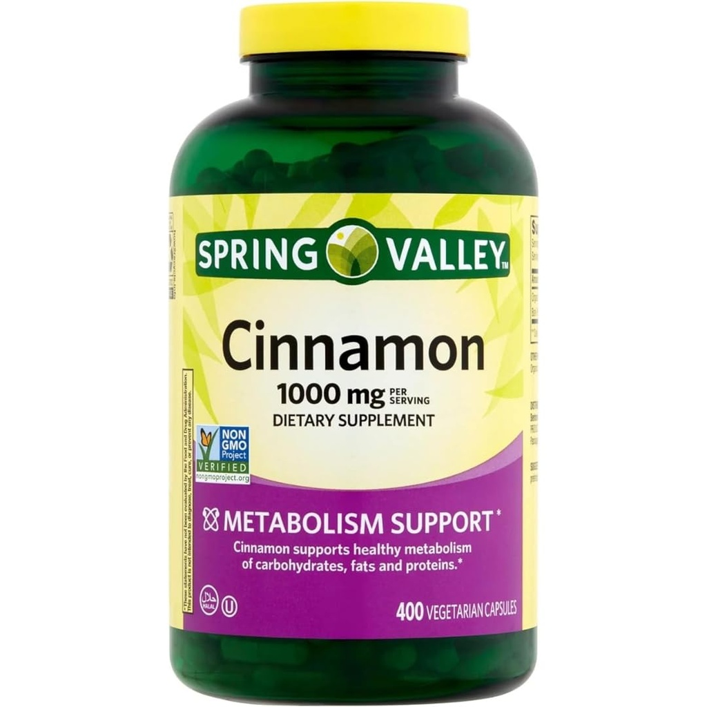 Spring Valley kanel Kosttilskud, 1000 mg, 400 Vegetariske kapsler - Metabolisme Support. Inkluderer Sticker.