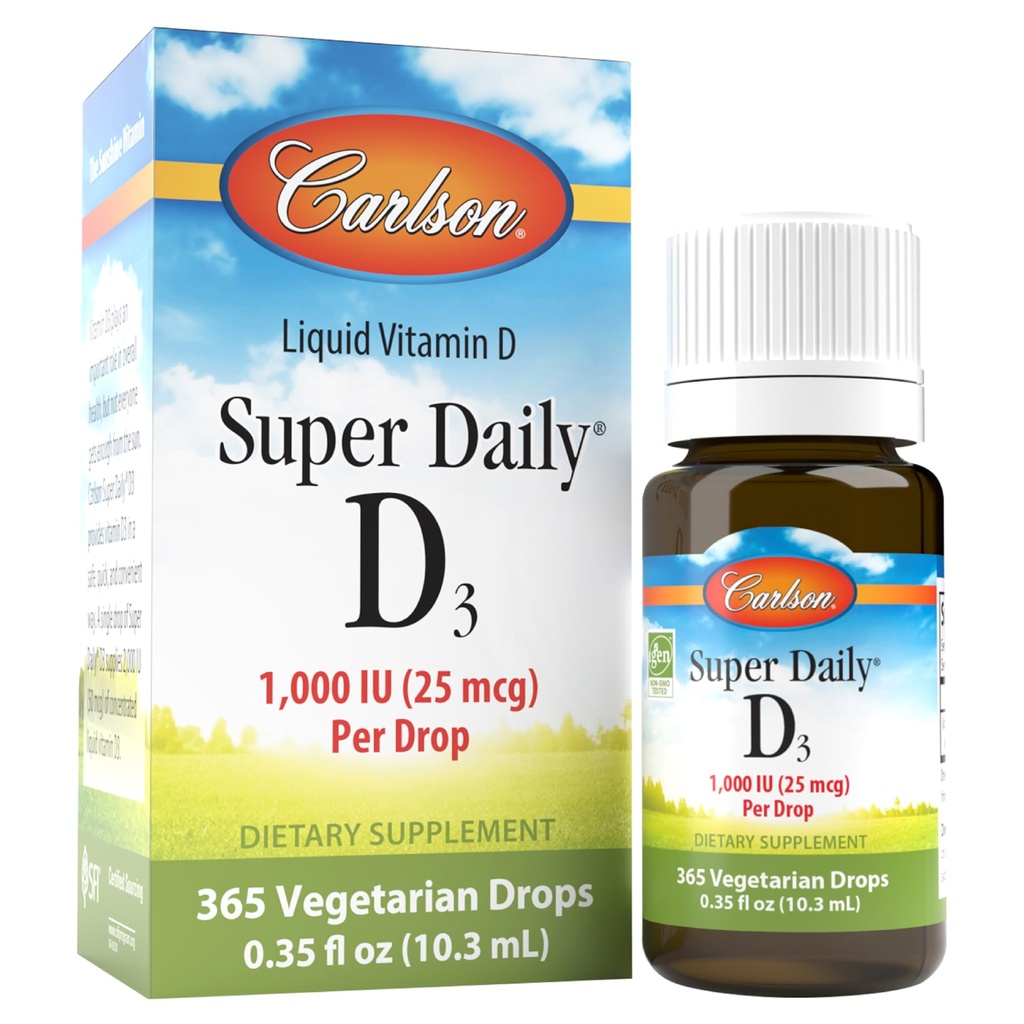 Carlson - Super Daily D3, D-vitamin dråber, 1.000 IE (25 mcg) per drop, 1- Year Supply, D3- vitamin Væske, Heart & immunforsvar, Vegetarisk, Flydende D3- vitamin dråber, Unflavored, 365 dråber