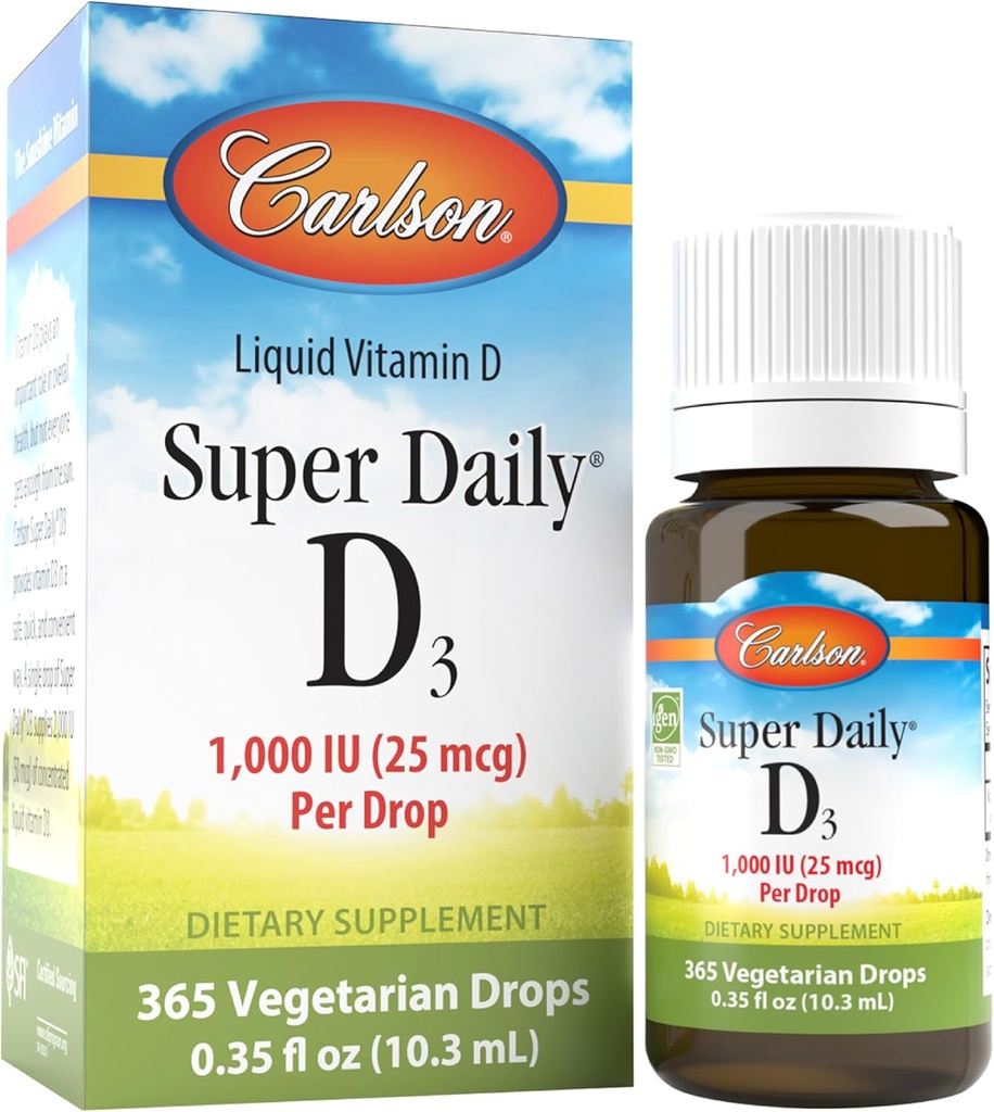 Carlson - Super Daily D3, Vitamin D Drops, 1,000 IU (25 mcg) per Drop, 1-Year Supply, Vitamin D3 Liquid, Heart & Immune Health, Vegetarian, Liquid Vitamin D3 Drops, Unflavored, 365 Drops