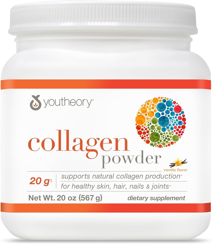Youtory Collagen Powder - med Aminosyrer, mineraler, C-vitamin & B7 (biotin) - Understøtter sunde knogler, muskler, hår, negle, hud & joints * - Hydrolyzed - Vanilla - 20 oz (21 Servere)