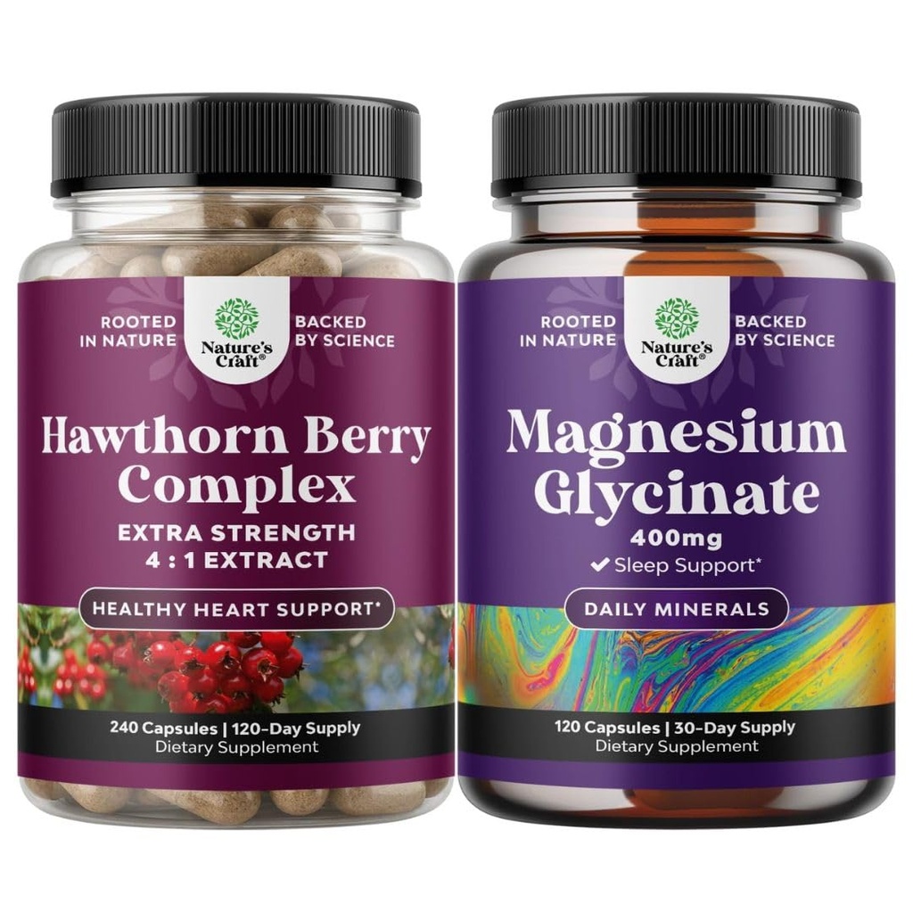 Nature Craft Bundle of Extra Strength Hawthorn Berry Capsules - Extract fordøjelse og hjerte sundhed supplement og Pure Magnesium Glycinate 400mg Per Servering for Mood Sleep og Afslapning