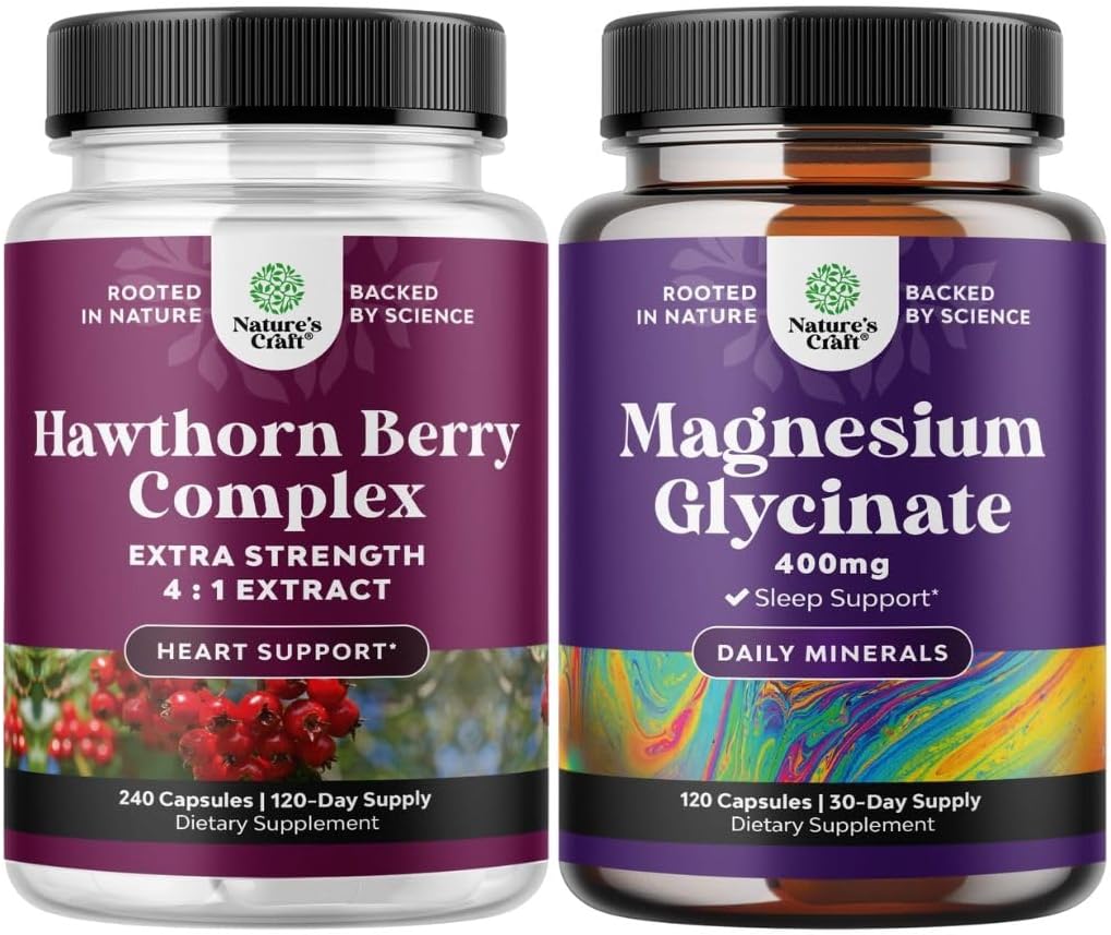 Nature Craft Bundle of Extra Strength Hawthorn Berry Capsules - Extract fordøjelse og hjerte sundhed supplement og Pure Magnesium Glycinate 400mg Per Servering for Mood Sleep og Afslapning