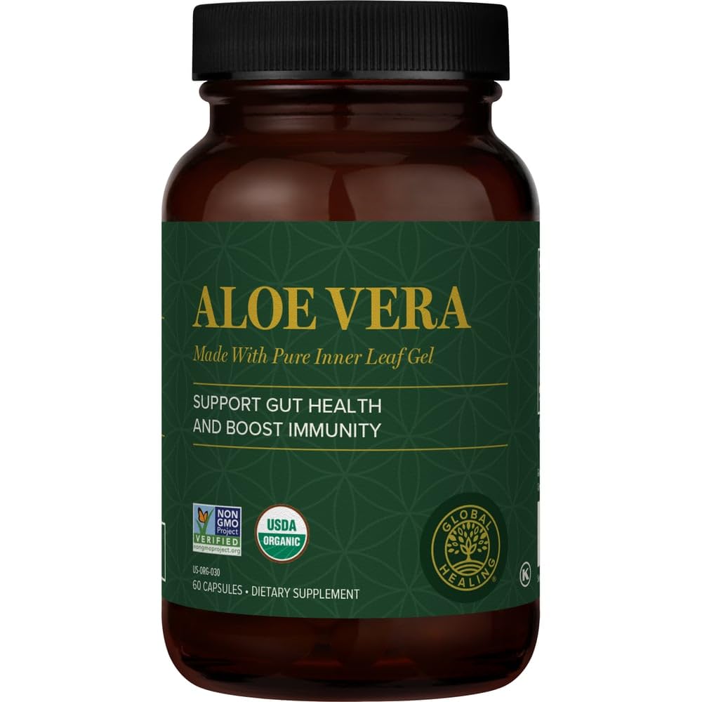 Global Healing Aloe Vera Bio- Active Organic Leaf Supplement - 200x Koncentrat Formel med højeste koncentration af Acemannan - Aloin-Free - Gut Health & immunforsvar - 60 kapsler