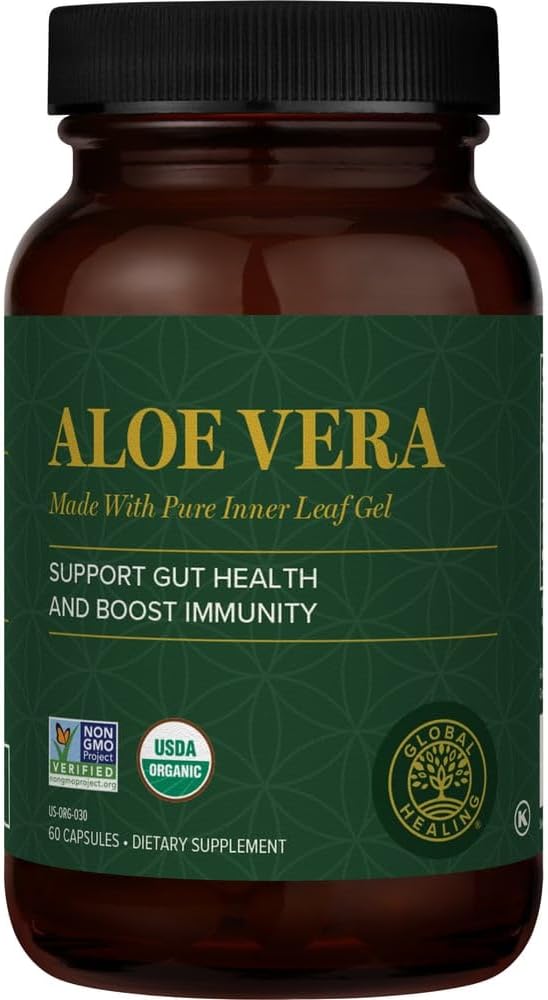 Global Healing Aloe Vera Bio- Active Organic Leaf Supplement - 200x Koncentrat Formel med højeste koncentration af Acemannan - Aloin-Free - Gut Health & immunforsvar - 60 kapsler