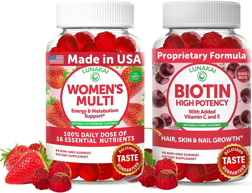 Lunakai USA Made Womens Multivitamin & Biotin Gummies Bundle – Energy & Hair, Skin, Nail Support – Naturally Flavored – 60 Non-GMO Gummies Each