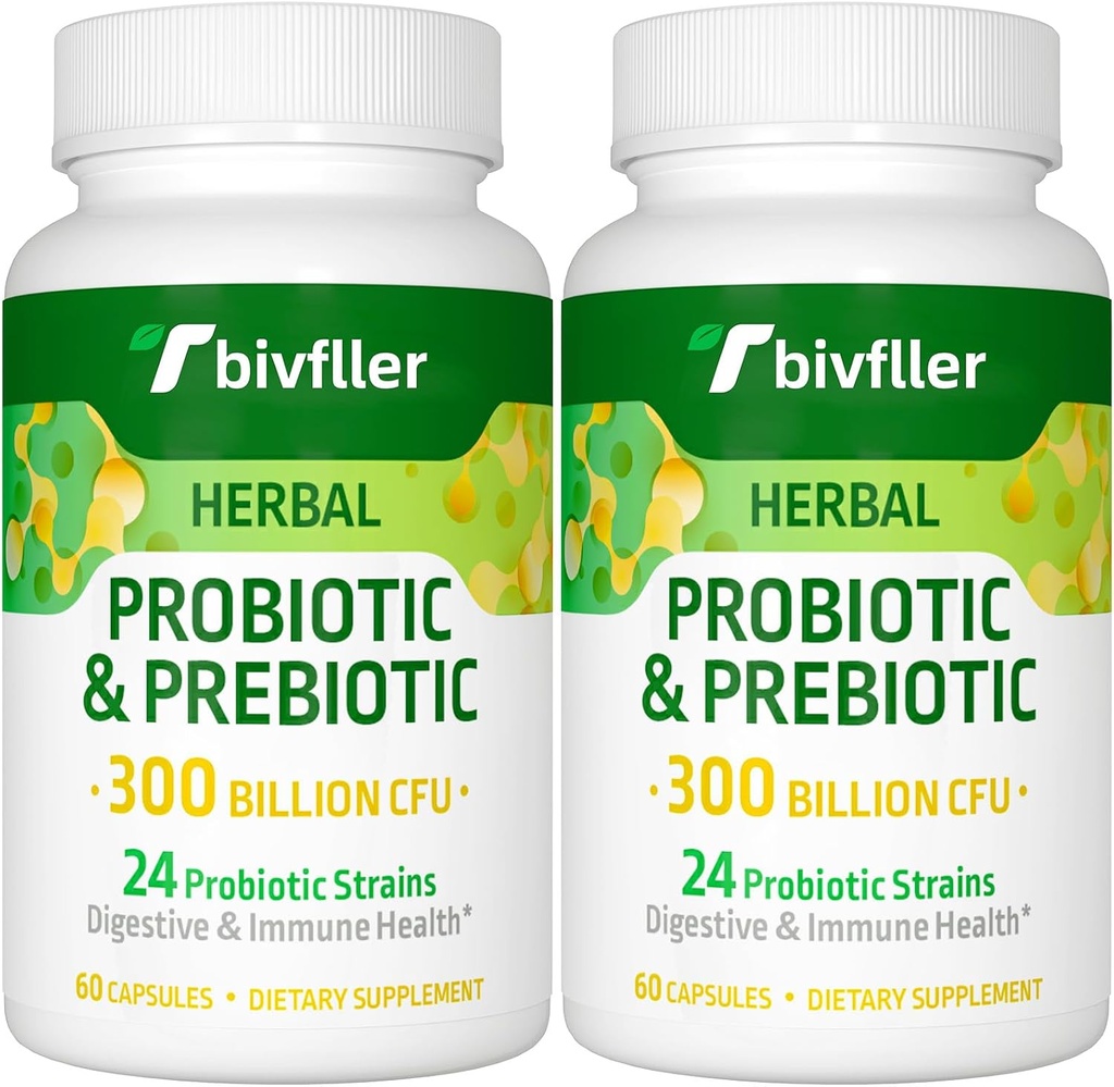 Probiotika for kvinder Men- 300 Millioner CFU, 24 Strops Probiotika + 15 Økologiske urter Prebiotika Blend, Pre og Probiotika, for fordøjelsessygdomme, immunforsvar & Gut, Diarré, Bloating, Vegan, 4 Måned Supply
