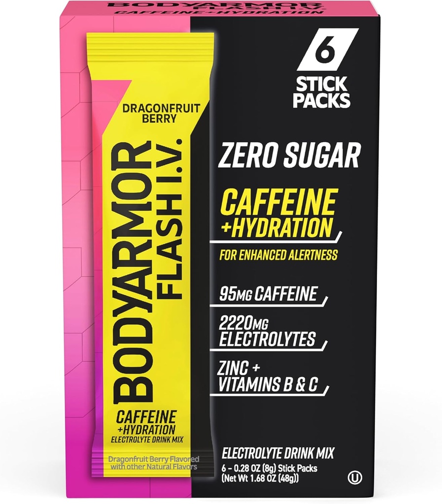 BODYARMOR Coffed Flash I.V. Electrolyte Packets - Dragonfrugt Berry - Zero Sugar Energy Drink Mix, Single Serve Packs, Hydration for Pre Workout, Rejsearrangører, Aktiv livsstil (6 Greve)