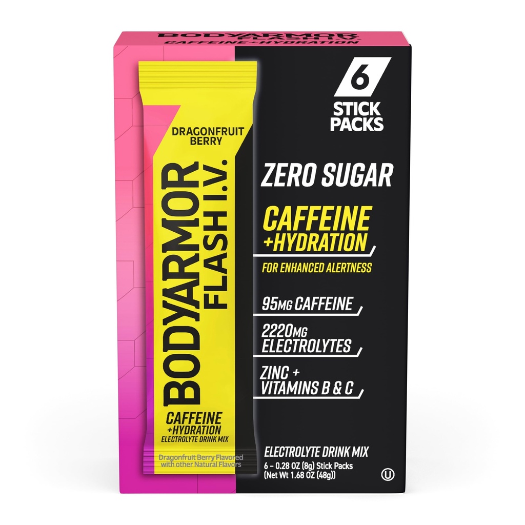 BODYARMOR Coffed Flash I.V. Electrolyte Packets - Dragonfrugt Berry - Zero Sugar Energy Drink Mix, Single Serve Packs, Hydration for Pre Workout, Rejsearrangører, Aktiv livsstil (6 Greve)