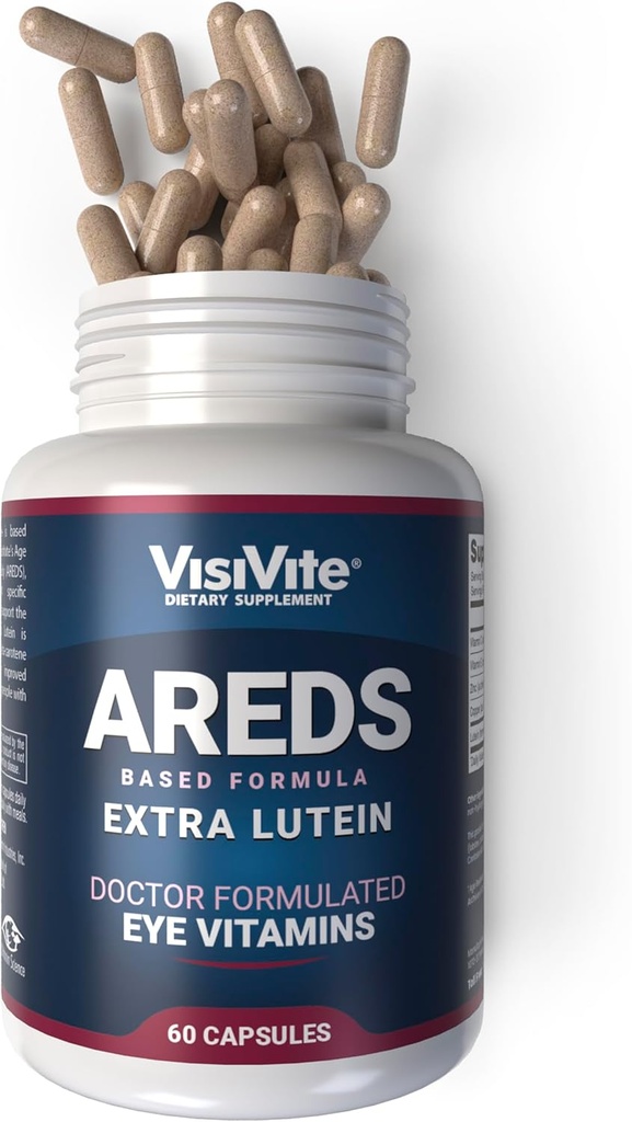 AREDS Lutein Eye Vitaminer af VisiVite - Lutein Kosttilskud til øjne uden Beta- Caroten - Lutein for øjne - Øjentilskud til voksne - 60 kapsler