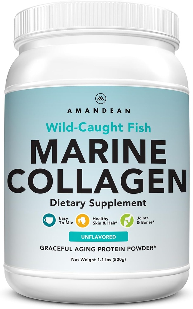 AMANDEAN Marine Collagen Peptider Powder. 500g Wild- Fanget Hydrolyzed Fish Collagen supplement. Type 1 & 3 Collagen Protein. 18 Aminosyrer til hud, hår, negle.