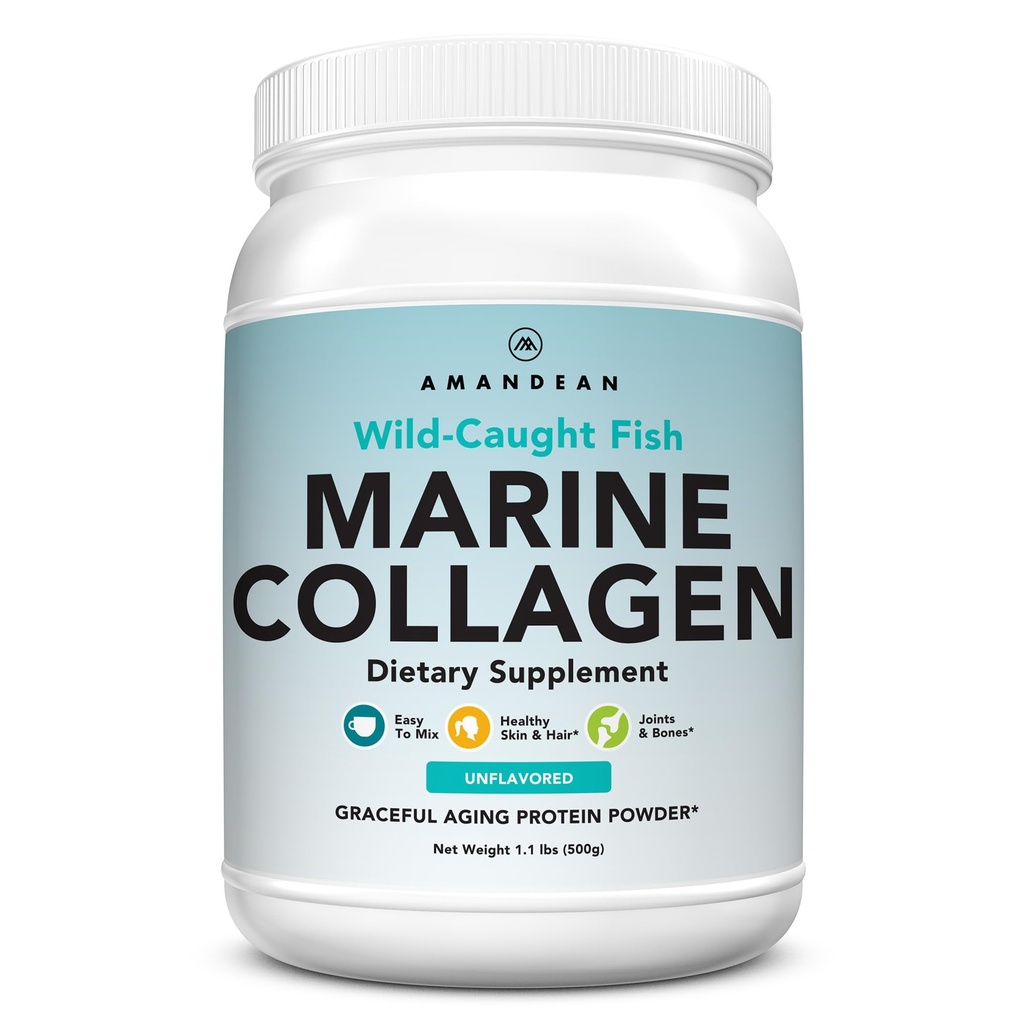 AMANDEAN Marine Collagen Peptides Powder. Double Hydrolyzed for Increased Absorption. Wild-Caught Fish Collagen Supplement. Type 1 & 3 Collagen Protein. 18 Amino Acids for Skin, Hair, Nails.