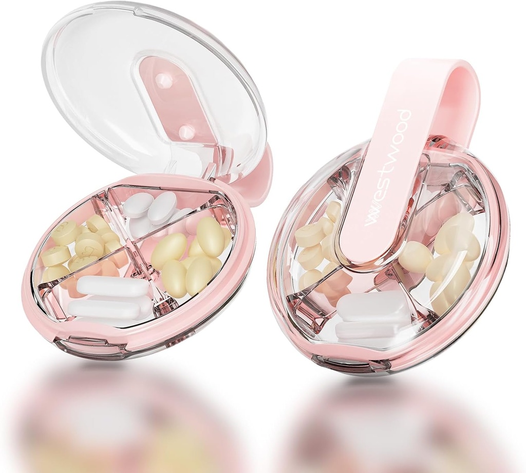 1 Pack Easy- to- Hold Lille Round Pink Pill Organizer med Dekorative Strap, 4 Compartments, Compact Travel Pill Box Case, Portable og Fugtsikre til Store Vitamin, Medicin og Kosttilskud