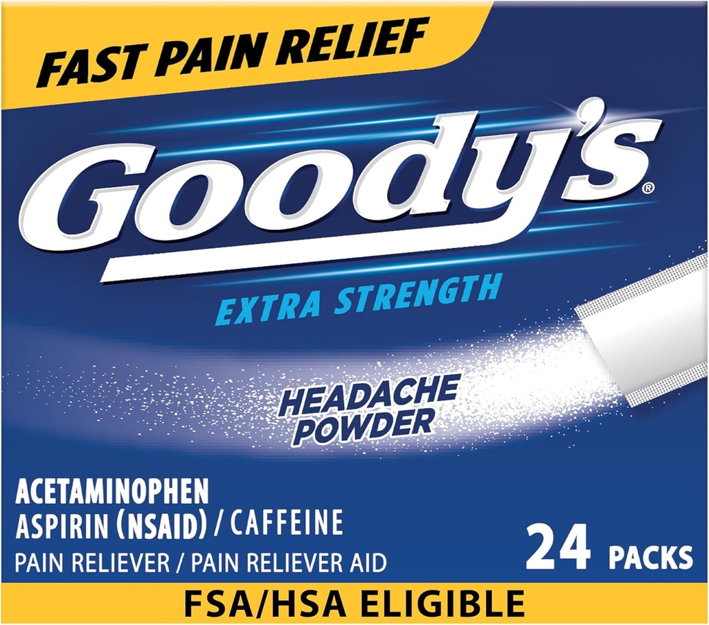 Goody 's Hovedpine Powder Extra Strength Pain Relief, Triple Action Hovedpine Relief med Aspirin, Acetaminophen & Koffein, 24 Tæl