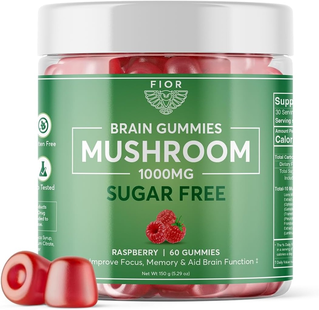 FIOR naturligt sukkerfri champignon vingummi alt champignon blend supplement, 60 greve, Multi champignon kompleks, Lions Mane, Chaga, Cordyceps, Reishi, Tyrkiet Tail, Maitake, Shiitake, King Trumpet