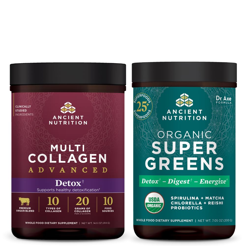 Ancient Nutrition Multi Collagen Advanced Powder Cleanse & Detox, Unflavored, 36 Servere + Organic SuperGreens Powder, Green Flavor, 25 Servere