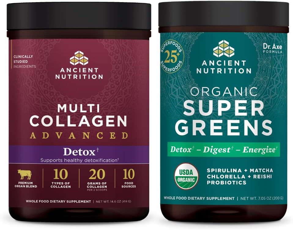 Ancient Nutrition Multi Collagen Advanced Powder Cleanse & Detox, Unflavored, 36 Servere + Organic SuperGreens Powder, Green Flavor, 25 Servere