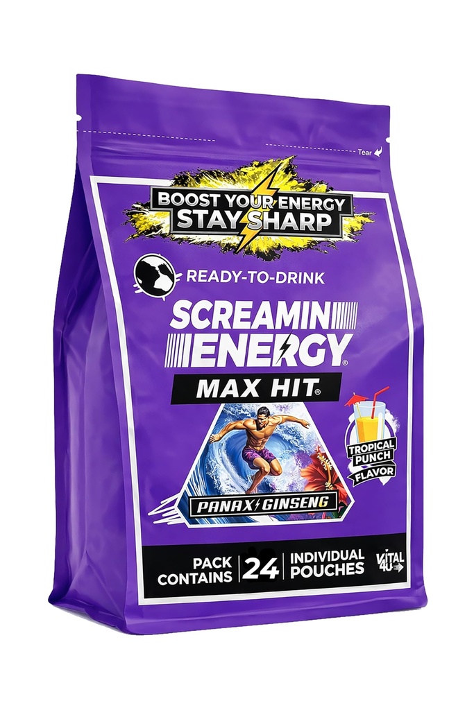 Screamin Energy Max Hit Tropical Punch Flavor - Maksimal styrke Sukker Free Energy Shot med Ginseng, B Vitaminer, og koffein - 24 Tæl