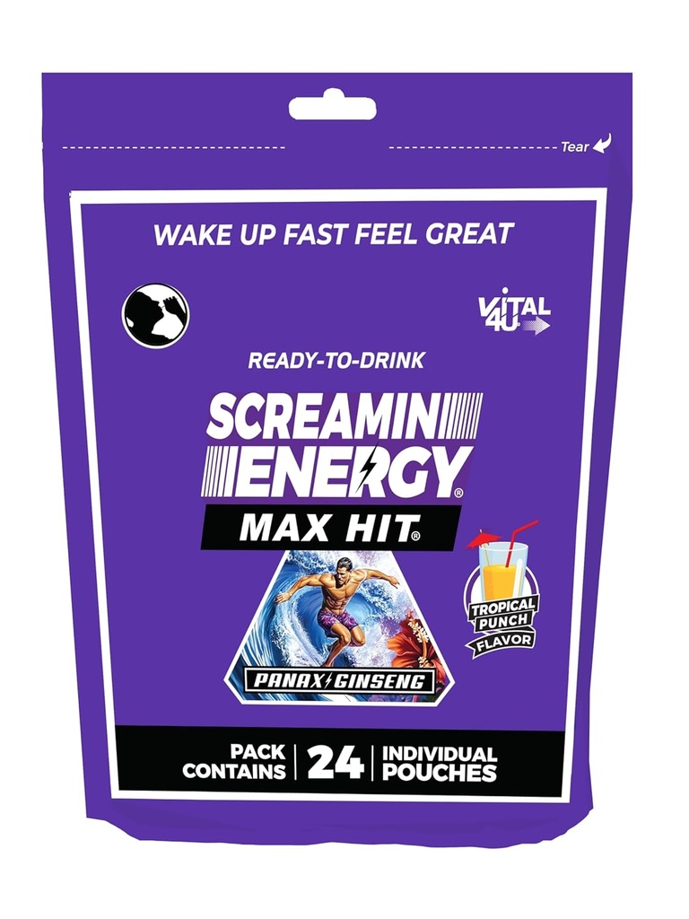 Screamin Energy Max Hit Tropical Punch Flavor - Maksimal styrke Sukker Free Energy Shot med Ginseng, B Vitaminer, og koffein - 24 Tæl