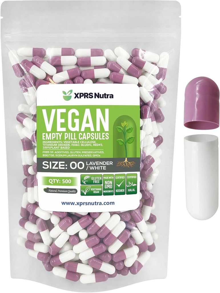 XPRS Nutra Størrelse 00 Tomme kapsler - 500 Grev Tomme Veganske kapsler - Vegetariske Tomme piller - Det gør vegetabilsk Kapsel Filling- Veggie Pille Caps (Lavendel / Hvid)