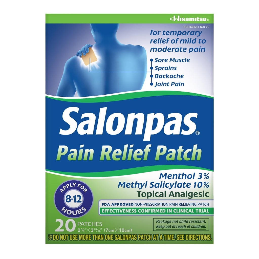 Salonpas Pain Relief Patch, 20 Greve (pakke med 1), Op til 12 Timer Midlertidig Relief af Mild til Moderate Smerte, Backache, Sore Muskel, Sprains, Brurises