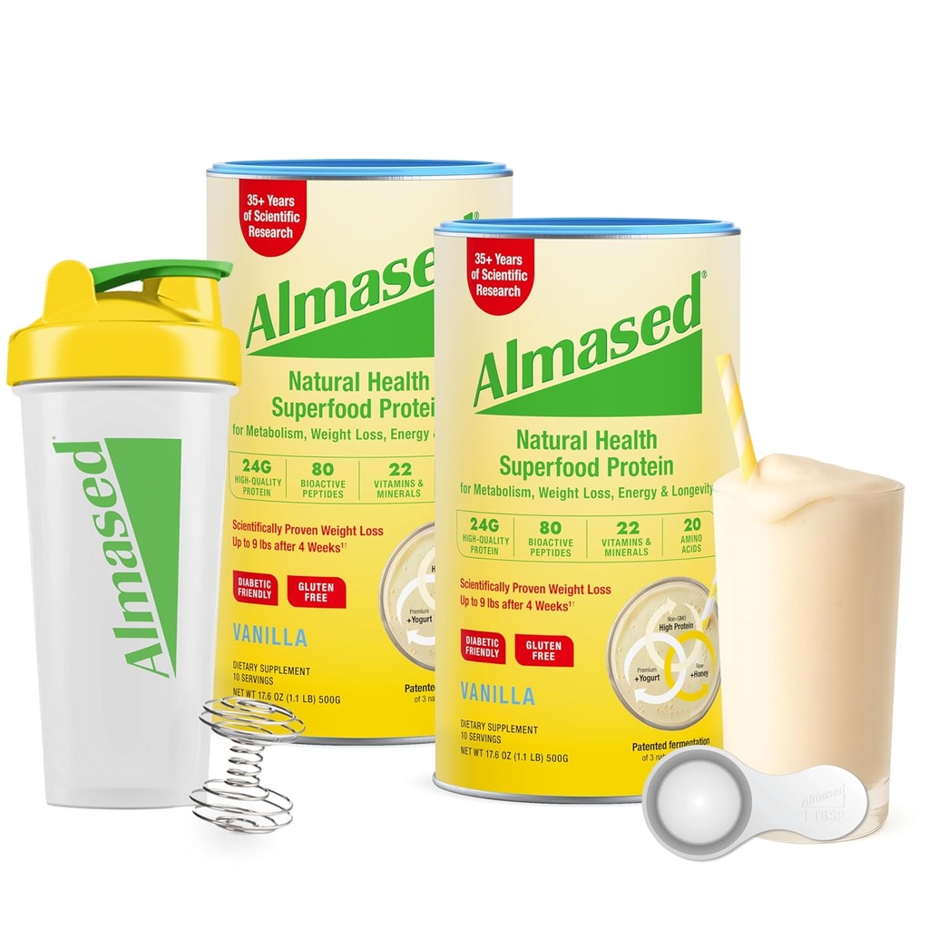 Almased Meal Replacement Shakes for Weight Loss - Protein Powder - Starter Kit (Almond Vanilla Flavor, 2 Cans of 17.6 oz + Shaker Bottle + Scoop)