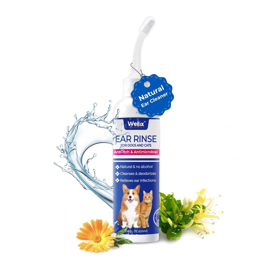 Wellix 120ml Ear Cleaner til hund & Kat - Øre infektion behandling uden irritation - Hund Øre Vask til Itch Relief & Lindrende Betændelse - Øre voks, pulver og lugt Fjernelse Drops