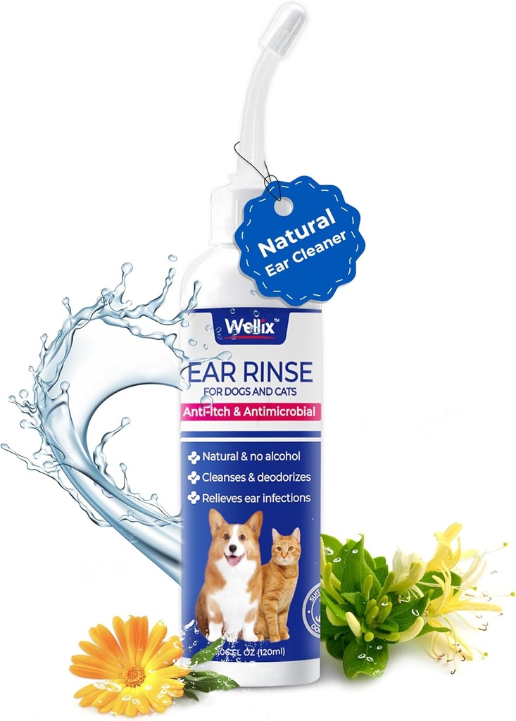 Wellix 120ml Ear Cleaner til hund & Kat - Øre infektion behandling uden irritation - Hund Øre Vask til Itch Relief & Lindrende Betændelse - Øre voks, pulver og lugt Fjernelse Drops