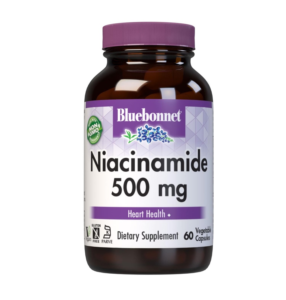 Bluebonnet Nutrition Niacinamid 500mg, Understøtter cardiovaskulær sundhed *, Soy- Free, Gluten- Free, Non- GMO, Kosher Certified, Dairy- Free, Vegan, 60 Vegetabilske Capsule, 60 Servere