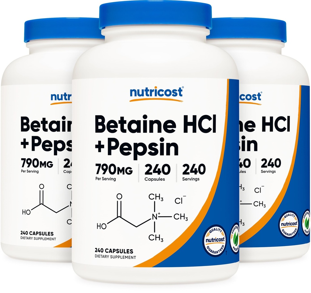 Nutricost Betaine HCl + Pepsin 790mg, 240 kapsler, 3 flasker (720 kapsler)