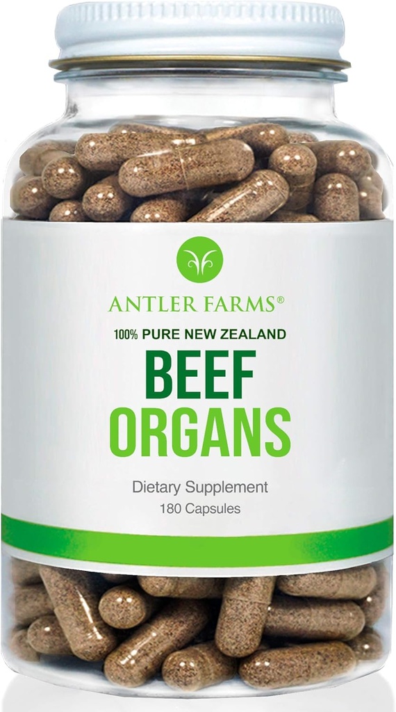 Antler Farms - 100% Pure New Zealand Beef Organs - Heart, Lever, Nyre, 180 kapsler, 400mg - Grass Fed, Cold Forarbejdet Supplement, Ren og ren rBGH Gratis, Ingen Fyldere eller tilsætningsstoffer