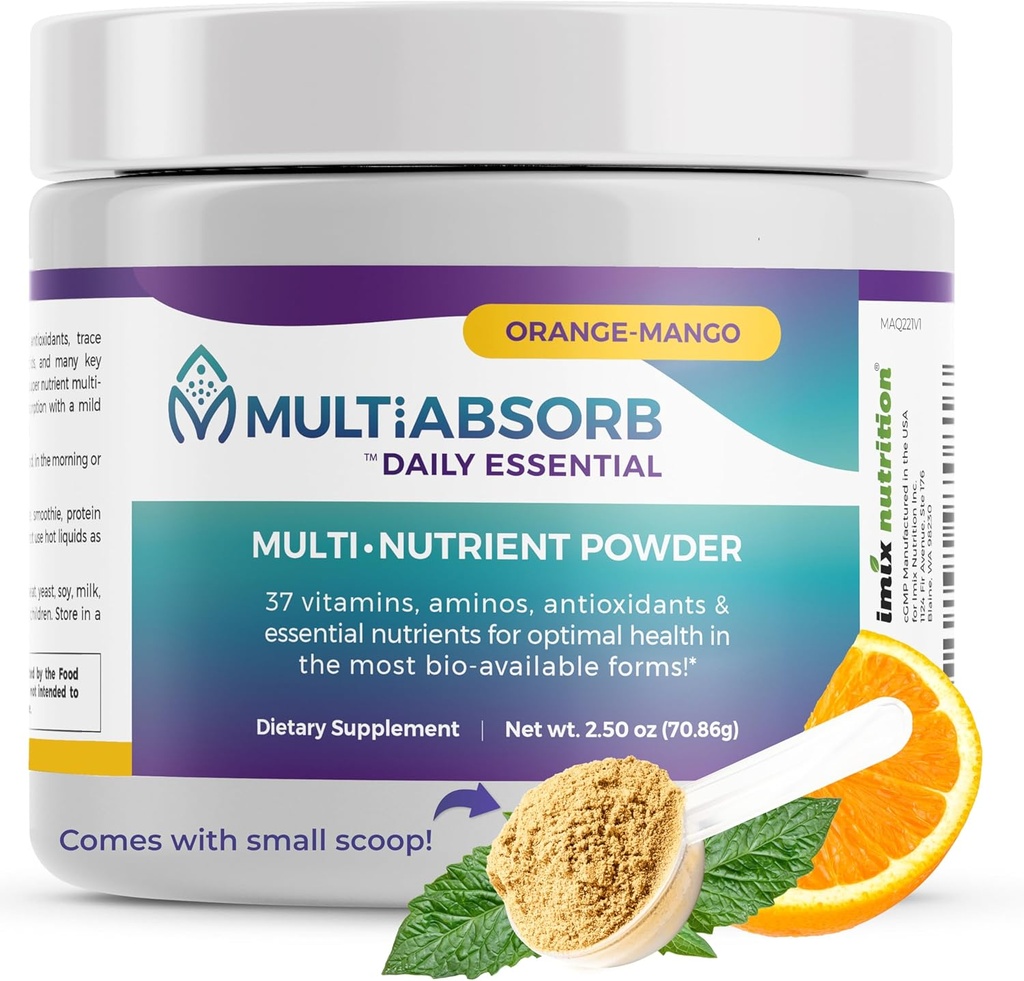 MultiAbsorb ~ Daily Essential, Multi- Nutrient Powder for Optimal Health, Vitaminer, Mineraler, Antioxidanter, Ingen Fillers eller Konserveringsmidler, Natural, Non- GMO, 30 Servere (Orange- Mango)