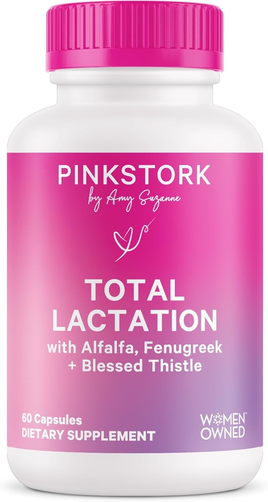 Pink Stork Total Amning Supplement til Brystmælk Tilgang, Økologisk Bukkehorn og Alfalfa til støtte Amning, Mælk Flow, og Produktion, Postpartum Essentials - 60 Kapsler