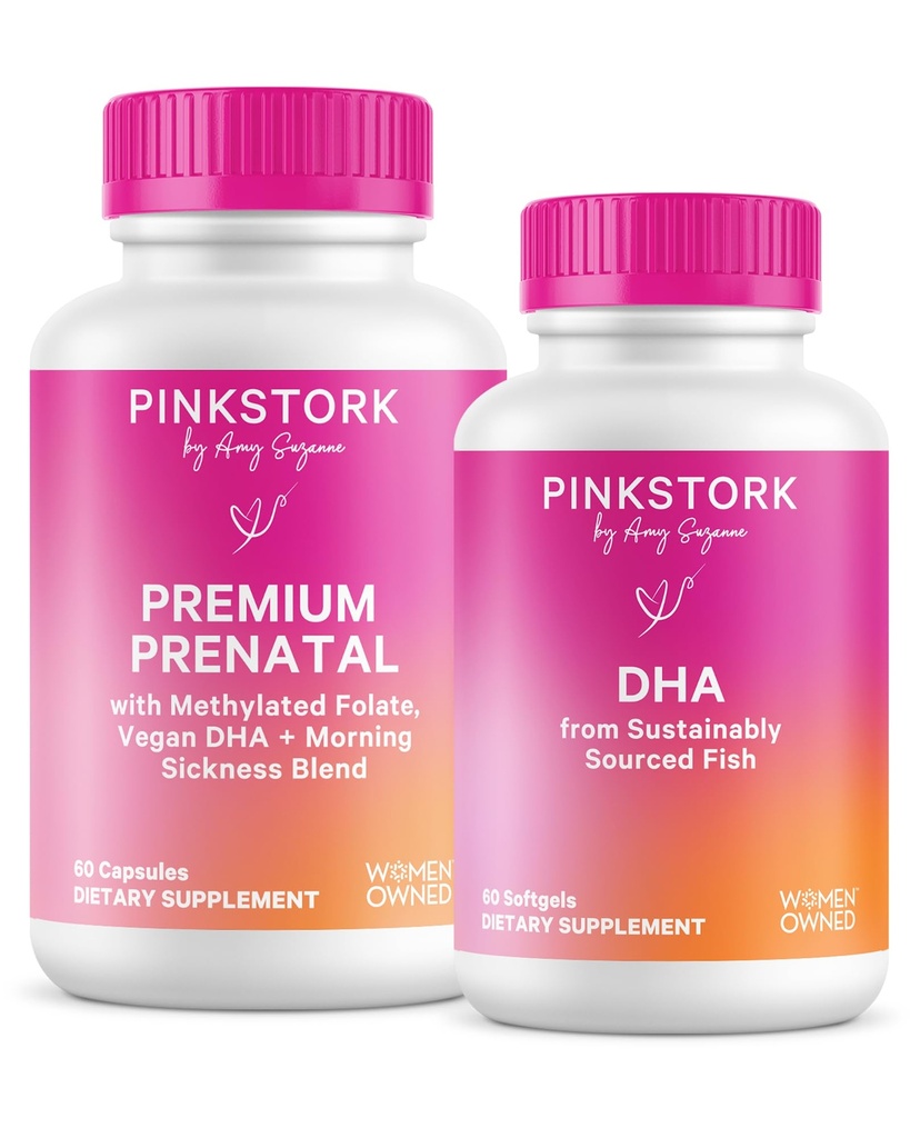 Pink Stork Premium Prenatal Duo: Premium Prenatal Vitamin + DHA, Prenatal Probiotika til kvinder, Omega 3 + Fish Oil, Prenatal Vitamin med DHA og folinsyre, Women- Ejes