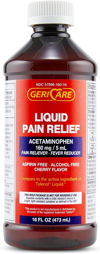 GeriCare Flydende Acetaminophen til voksne & Børn, 16oz Flaske Cherry Flavored Acetaminophen til hovedpine, Muskelache, Tandpine, Menstruel Pain- Fever Reducer & Liquid Pain Reliever, 160mg Per 5ml