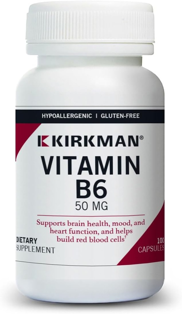 Kirkman vitamin B- 6 50 mg - Hypoallergen - 100 Vegetariske kapsler - Gluten / Casein fri